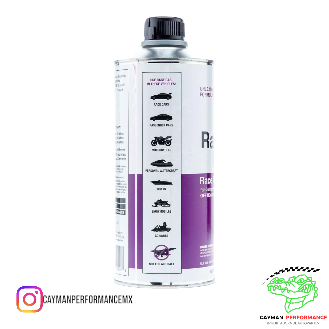 Vista lateral de la lata de Race Gas Ultra mostrando los tipos de vehículos recomendados: autos de carreras, motocicletas, y más.