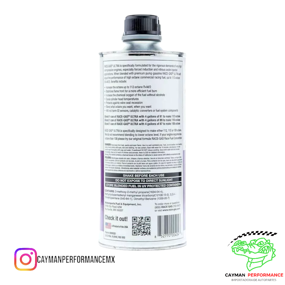 Lata de Race Gas Ultra mostrando la tabla de mezcla para lograr hasta 112 octanos.